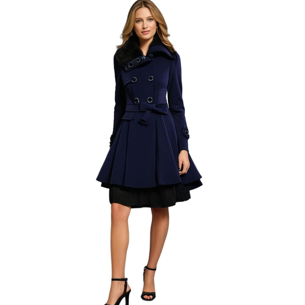 Blue Lydia women's short dress coat with elegant waist tie, stylish and lightweight for a sophisticated look from Jesie-London.