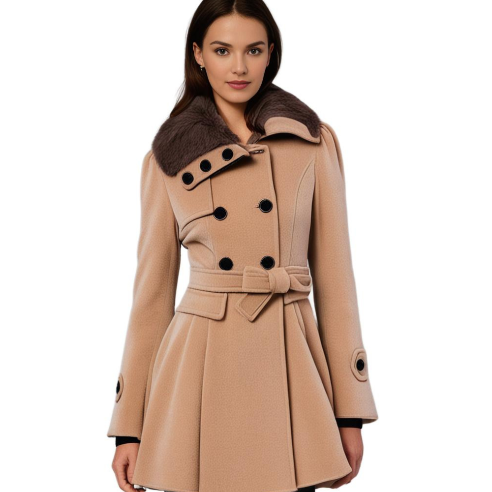 Khaki Lydia women's elegant waist tie short dress coat by Jesie-London, showcasing a stylish, fitted design and sleek fabric.
