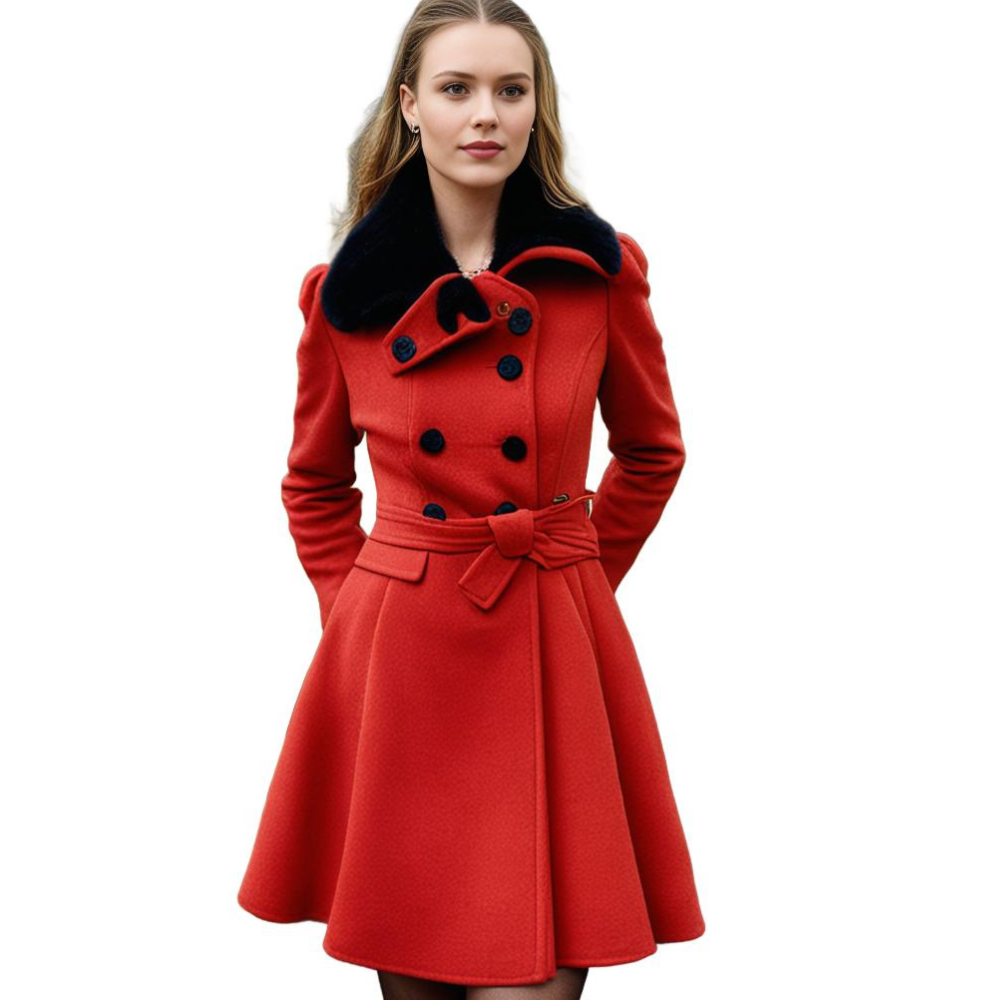 Red women's short dress coat with elegant waist tie by Jesie-London, showcasing a stylish and sophisticated look.