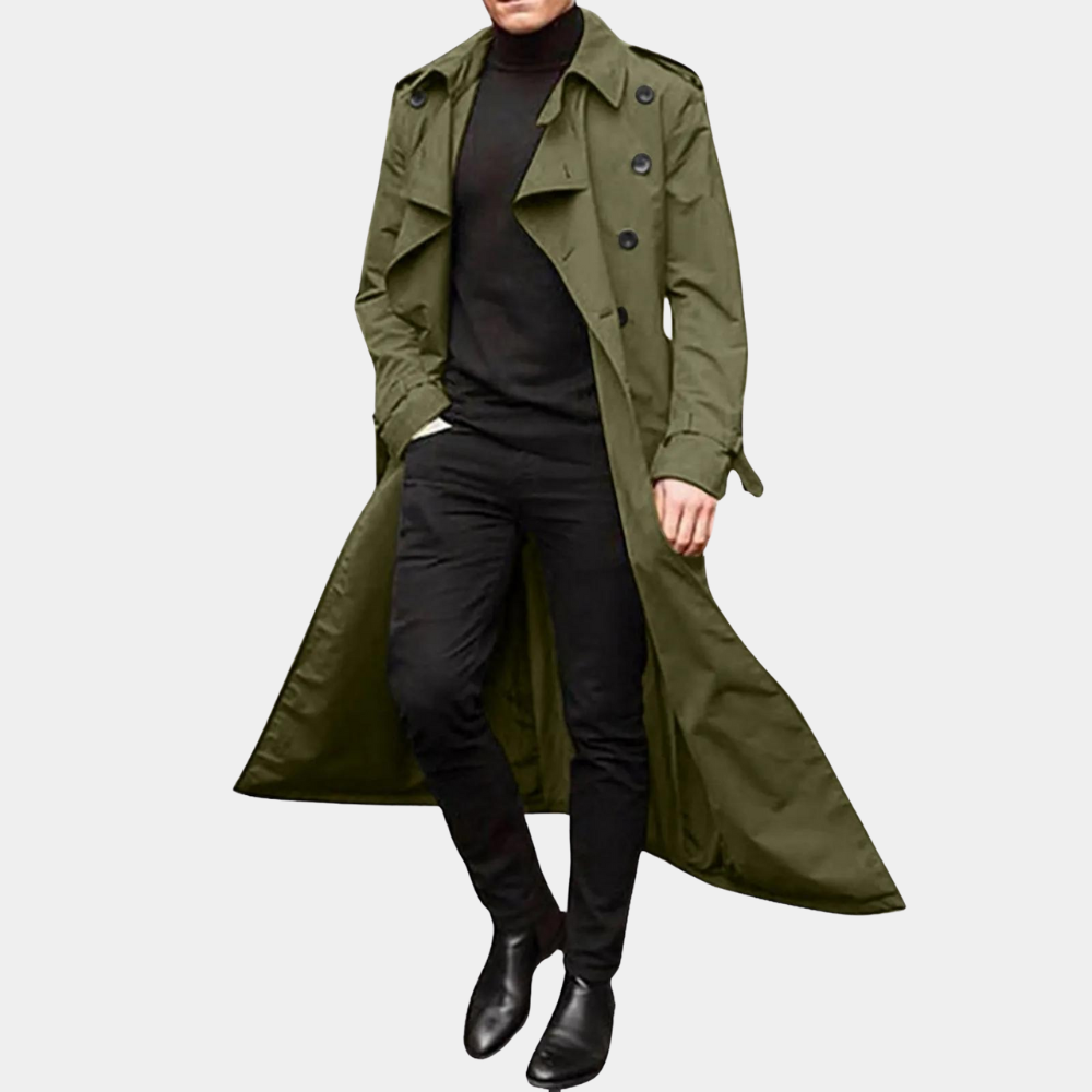 Men's elegant belted trench coat by Jesie-London, shown in a stylish, classic design suitable for all seasons.