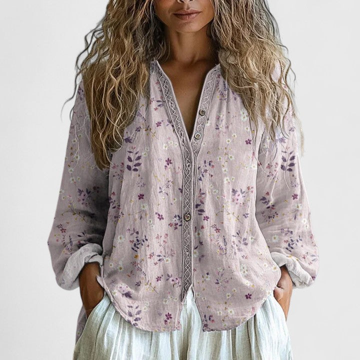Jesie-London Bella women's printed button-front casual top in soft pink with floral pattern, short sleeves and relaxed fit.