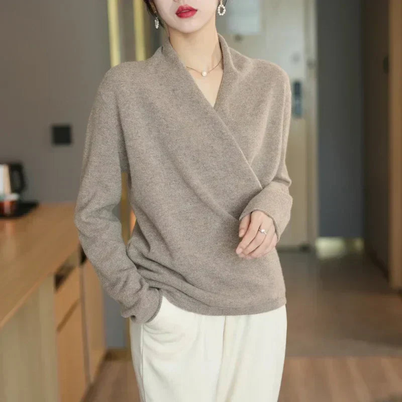 Elizabeth women's winter wrap V-neck knit sweater by Jesie-London, featuring a cozy, stylish V-neck design in soft knit fabric.
