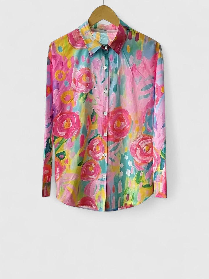 Women's colorful floral button shirt by Jesie-London, featuring vibrant floral patterns and a classic button-up design.