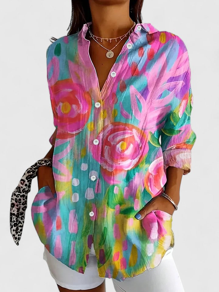 Women’s Nancy floral button shirt by Jesie-London featuring colorful floral print and classic button-down design.