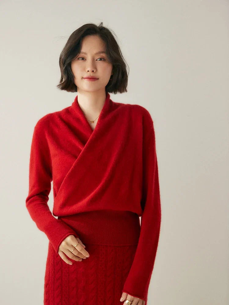 Jesie-London Kate women's elegant wrap crossover chic sweater in soft knit, showcasing a stylish crossover design and sophisticated fit.