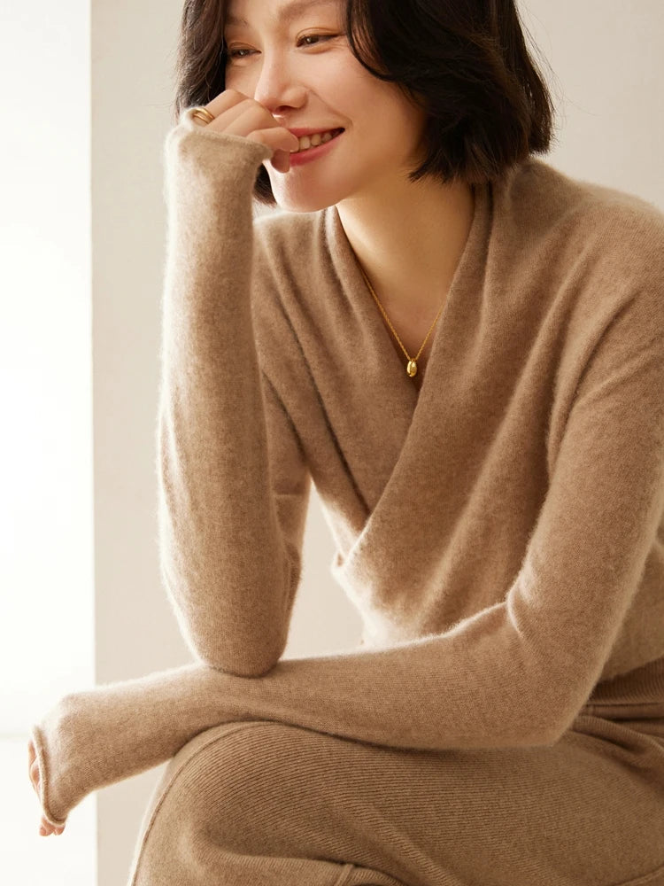 Kate women's elegant wrap crossover chic sweater by Jesie-London, featuring a stylish and cozy design in a soft knit fabric.