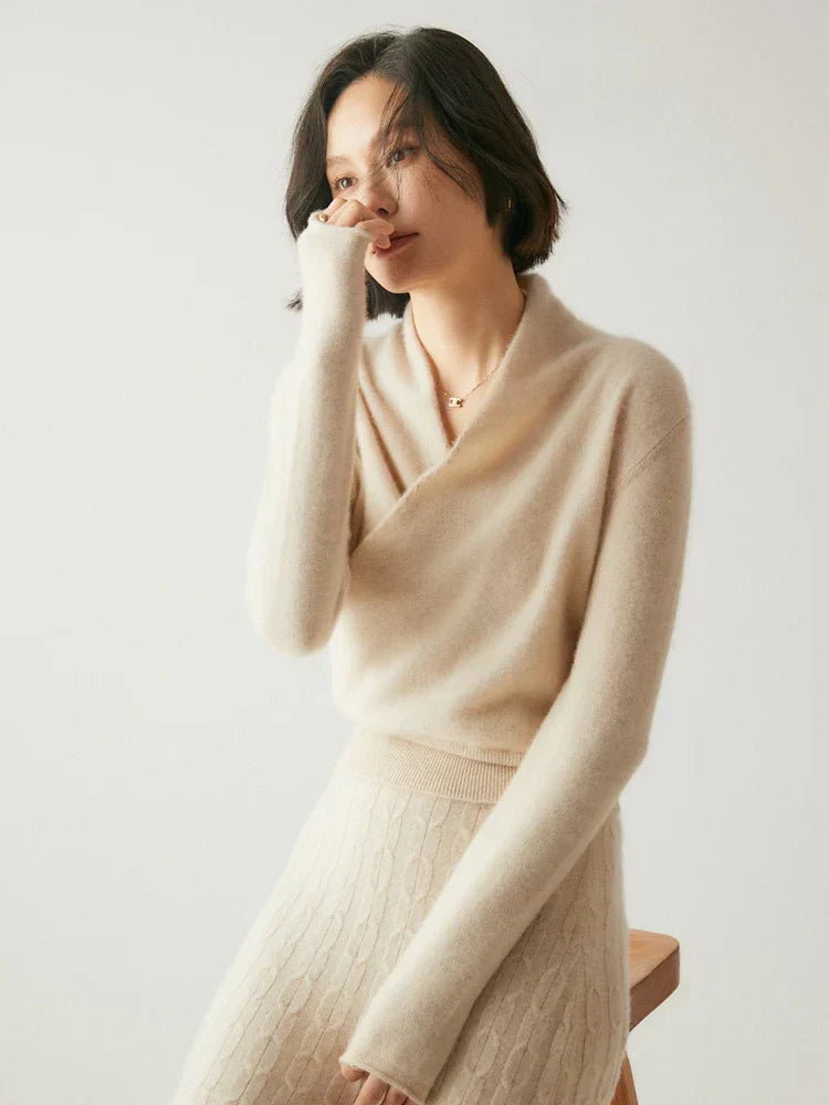 Women’s elegant Jesie-London Kate crossover sweater with a chic wrap design, featuring a stylish and comfortable fit.
