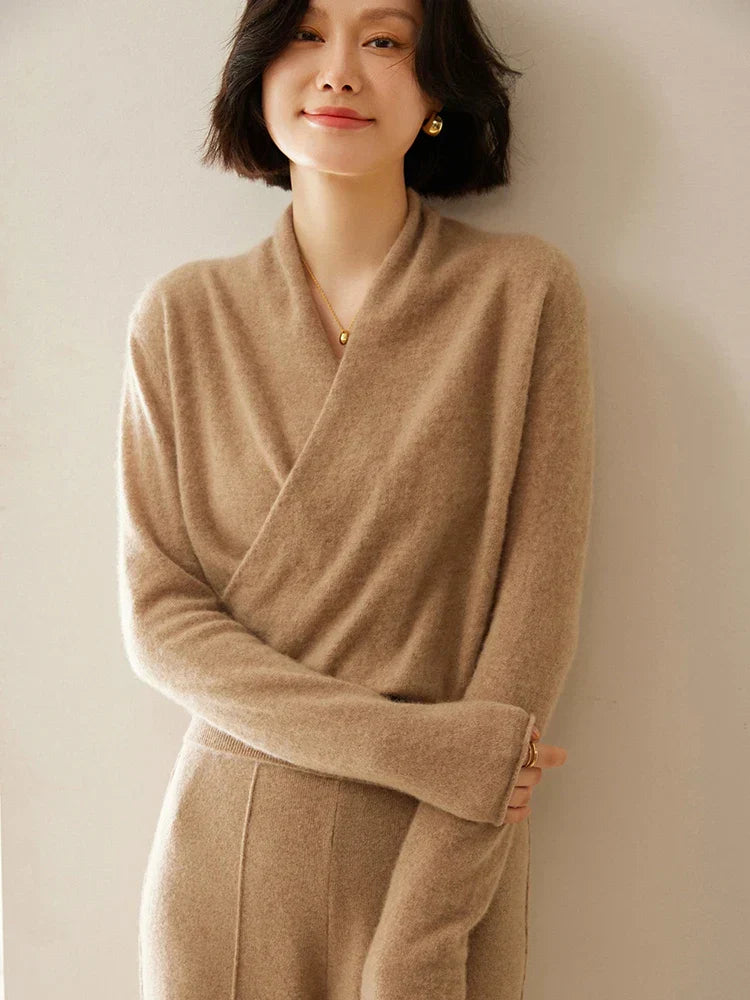 Jesie-London Kate women's elegant wrap crossover chic sweater, showcasing a stylish and sophisticated design in soft fabric.