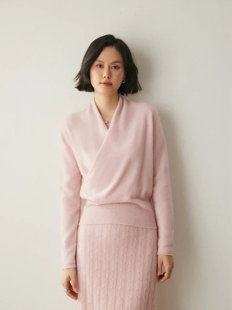 Women’s elegant wrap crossover chic sweater from Jesie-London, featuring a stylish and cozy design with a flattering fit.