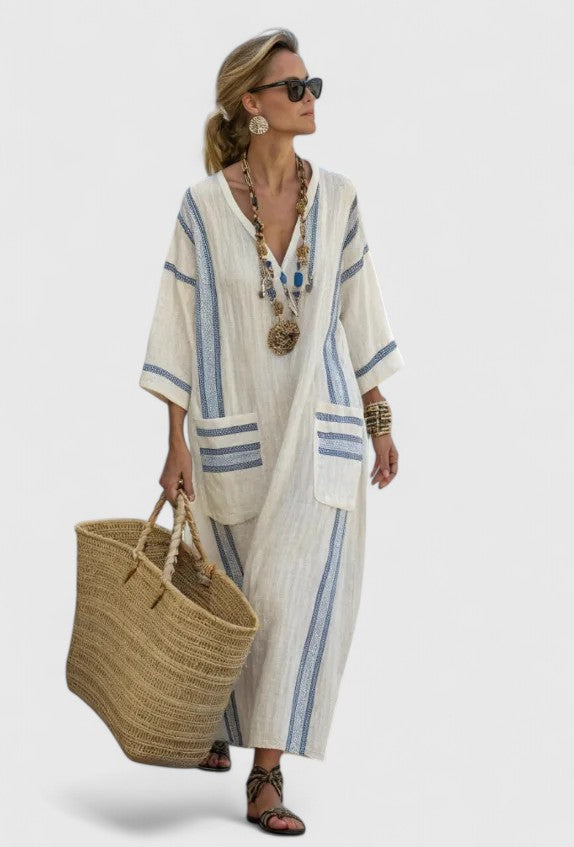 Jesie-London Abigail women's V-neck loose maxi dress in soft fabric, flowing silhouette, perfect for casual or summer wear.