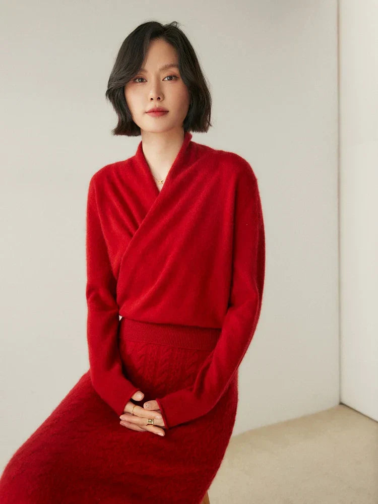 Kate women's elegant wrap crossover chic sweater by Jesie-London, featuring a stylish, fitted design with a soft knit texture.