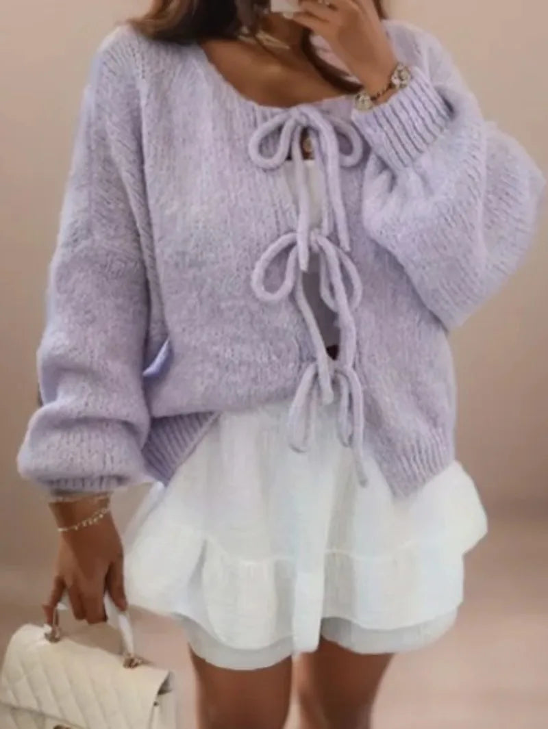 Jesie-London Ella women's soft knit cardigan with bow ties, featuring a cozy, stylish design and front button closure.