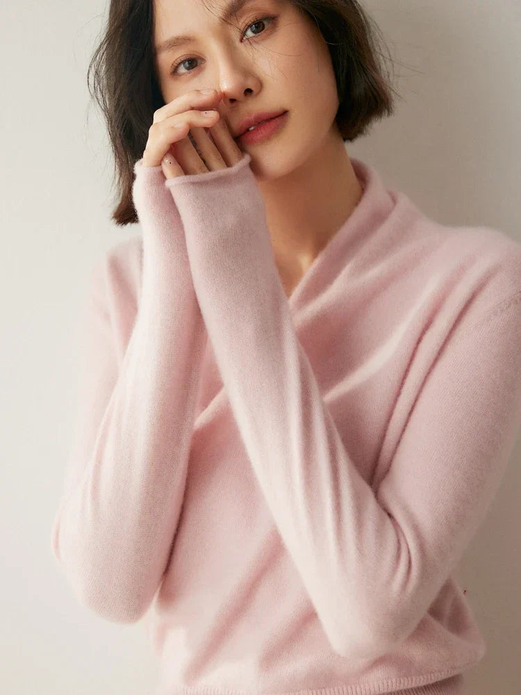 Jesie-London Kate women's elegant wrap crossover chic sweater, cream-colored, soft knit, stylish long sleeves, perfect for sophisticated casual wear.