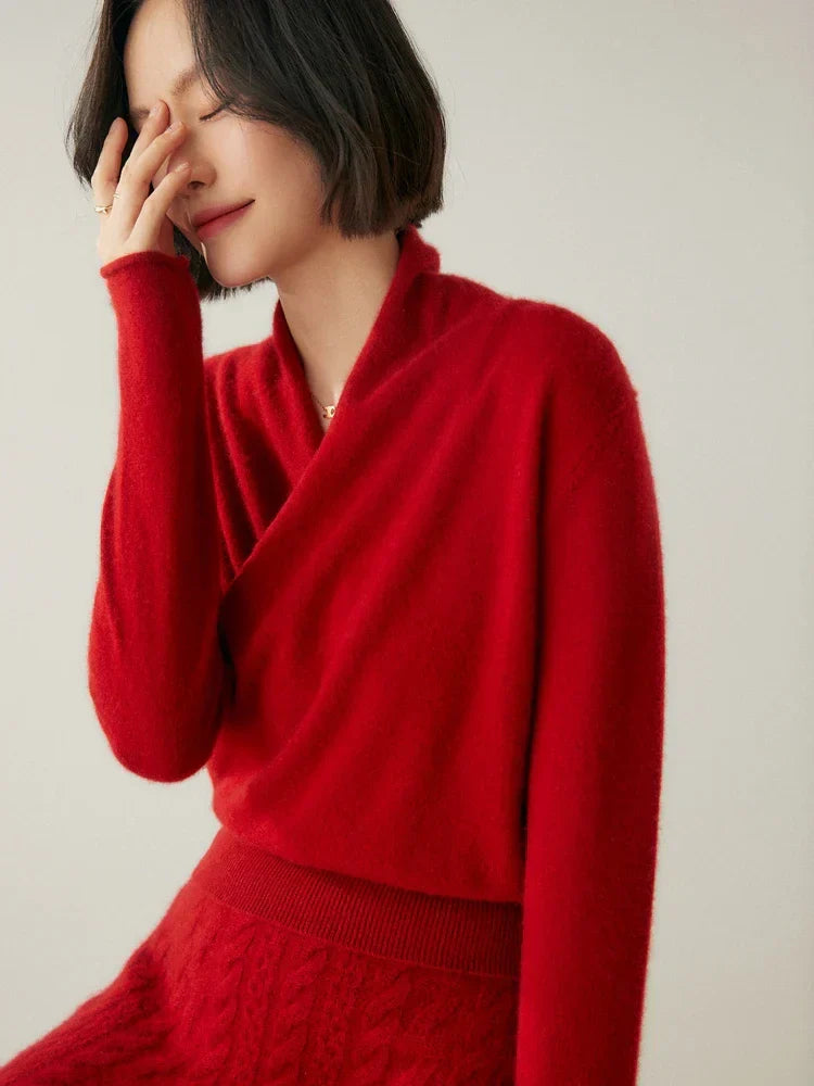 Jesie-London Kate women's elegant wrap crossover chic sweater in soft knit, showcasing its stylish drape and sophisticated design.