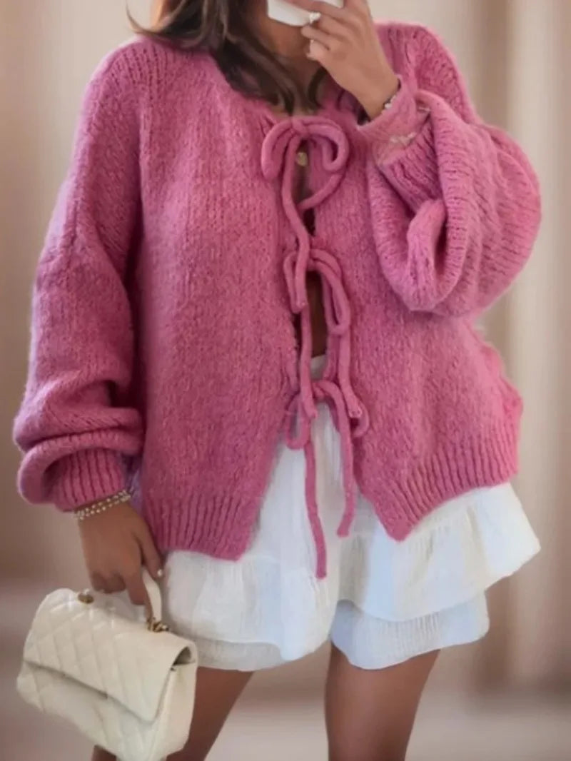 Jesie-London Ella women’s soft knit cardigan with bow ties, featuring a cozy, lightweight design and elegant front details.