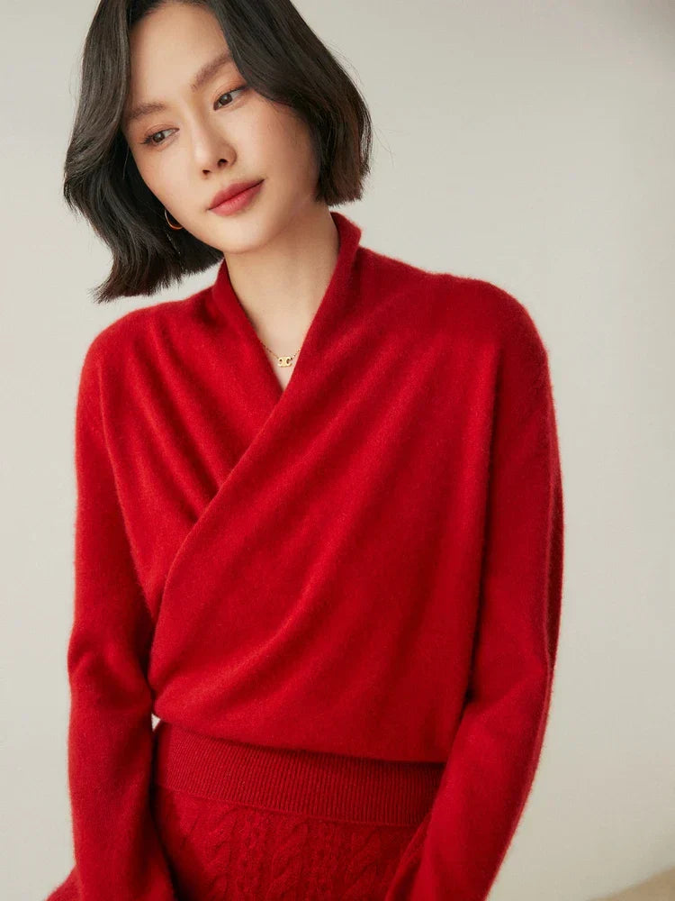 Jesie-London Kate women's elegant wrap crossover chic sweater shown in a stylish design with a flattering fit.