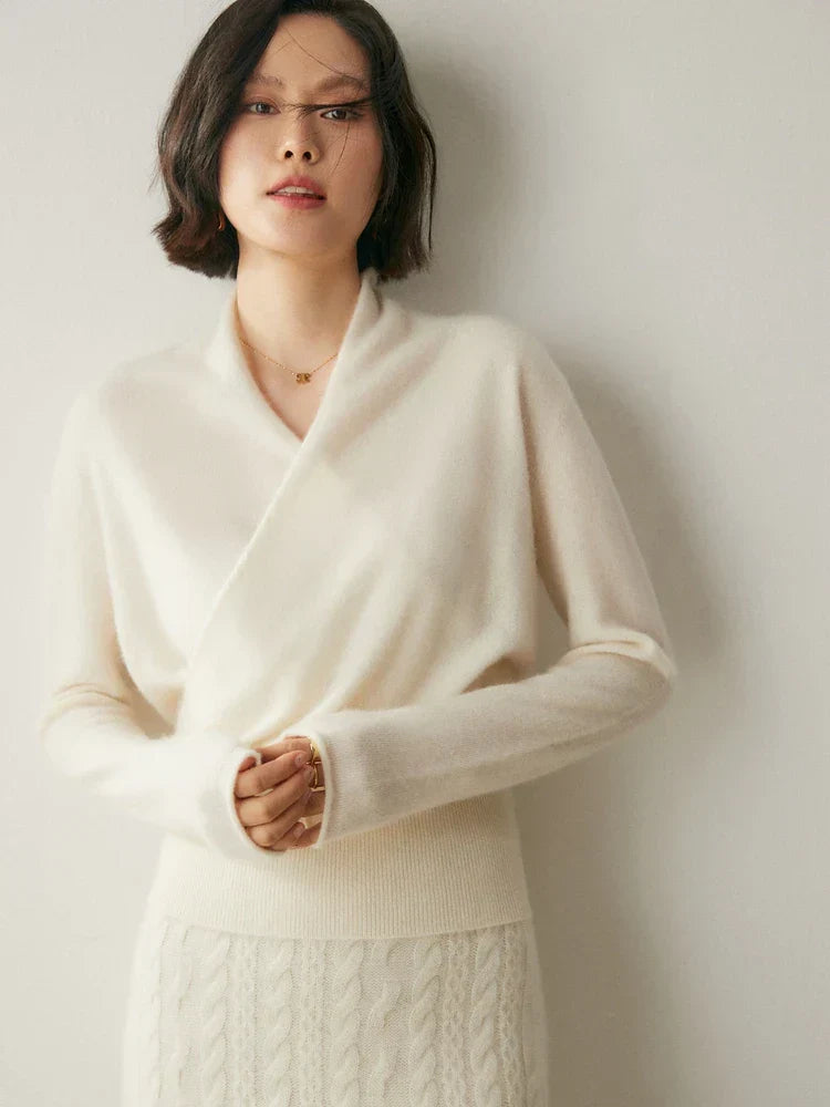 Kate women's elegant wrap crossover chic sweater by Jesie-London, featuring a stylish, fitted design in soft knit fabric.