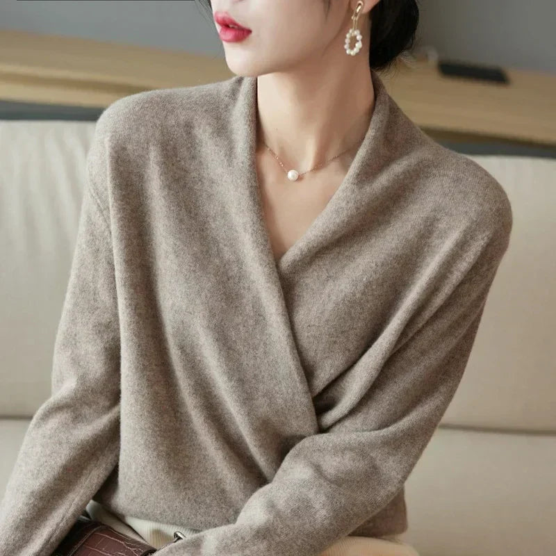 Jesie-London Elizabeth women's winter wrap V-neck knit sweater in cozy fabric, shown in a stylish V-neck design.