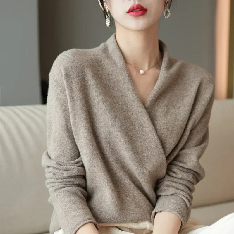 Jesie-London Elizabeth women's winter knit sweater with V-neck, cozy wrap design, in soft, warm fabric, perfect for cold weather.