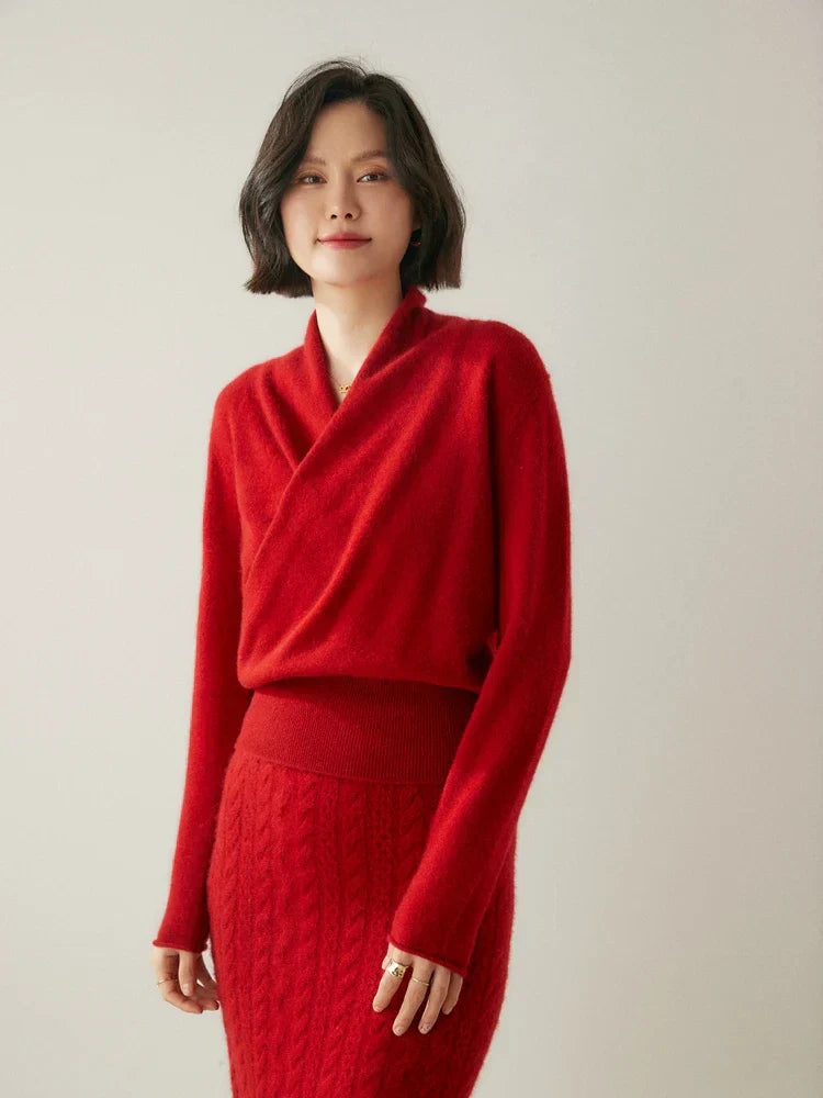 Women’s elegant wrap crossover sweater by Jesie-London, featuring a chic, stylish design in a cozy knit fabric.