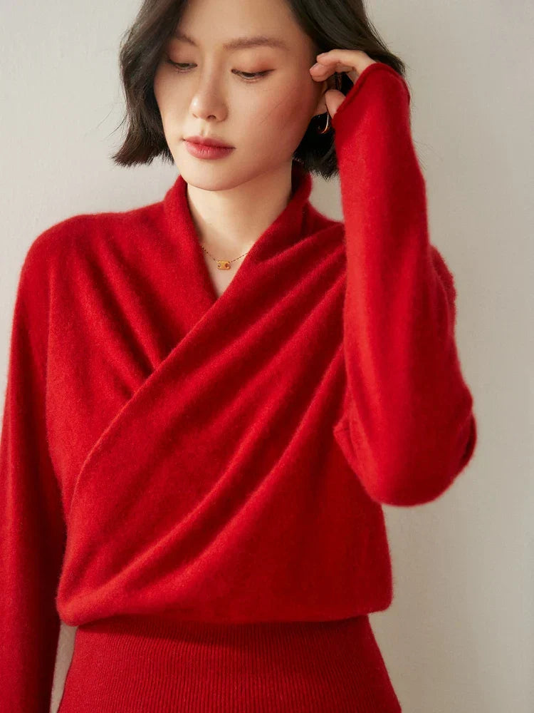 Jesie-London Kate women's elegant wrap crossover chic sweater, showcasing a stylish, fitted design in soft knit fabric.