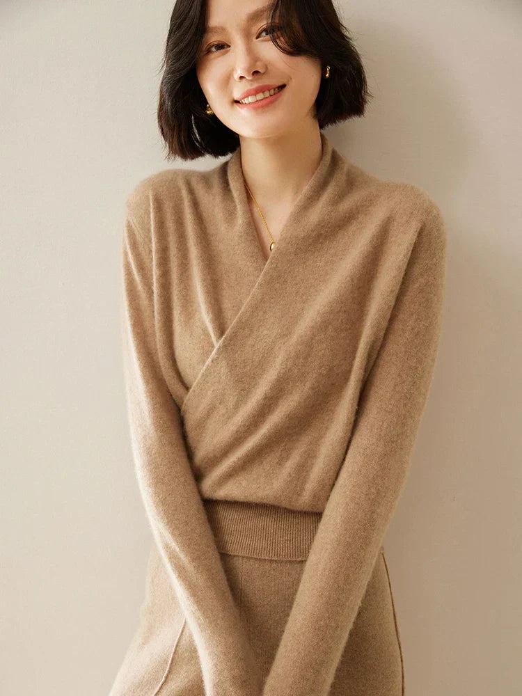Women’s elegant Jesie-London Kate crossover wrap sweater in soft knit with a chic, stylish fit and sophisticated design.