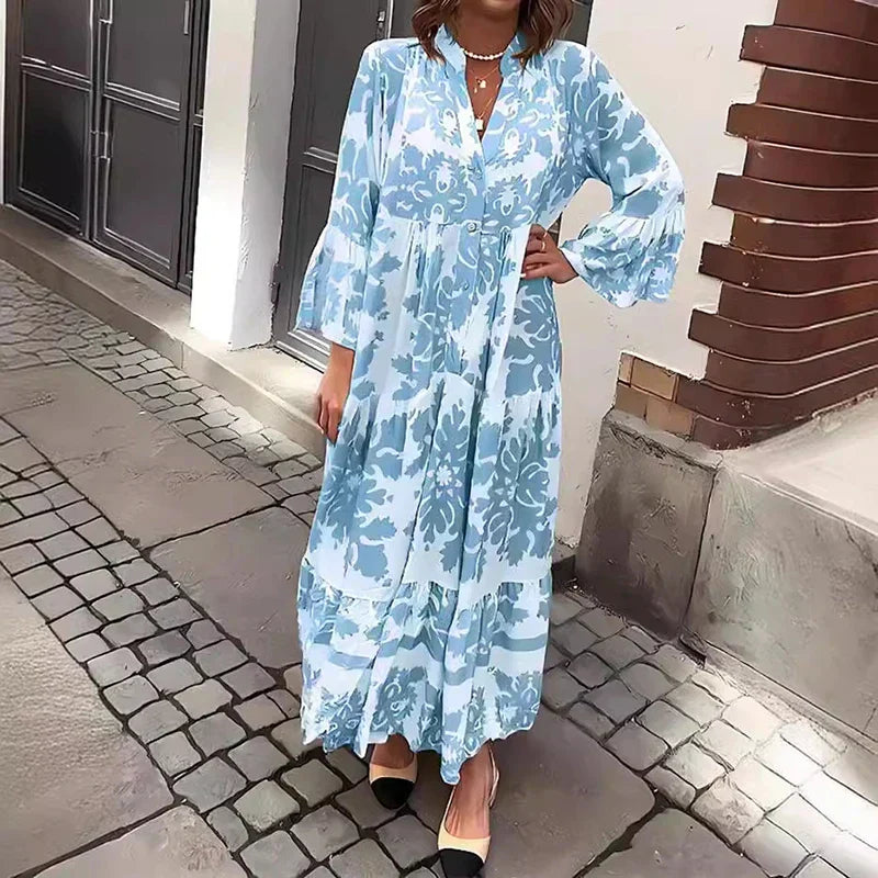 Jesie-London Ava women's boho printed long sleeve midi dress with floral pattern and flowing silhouette.