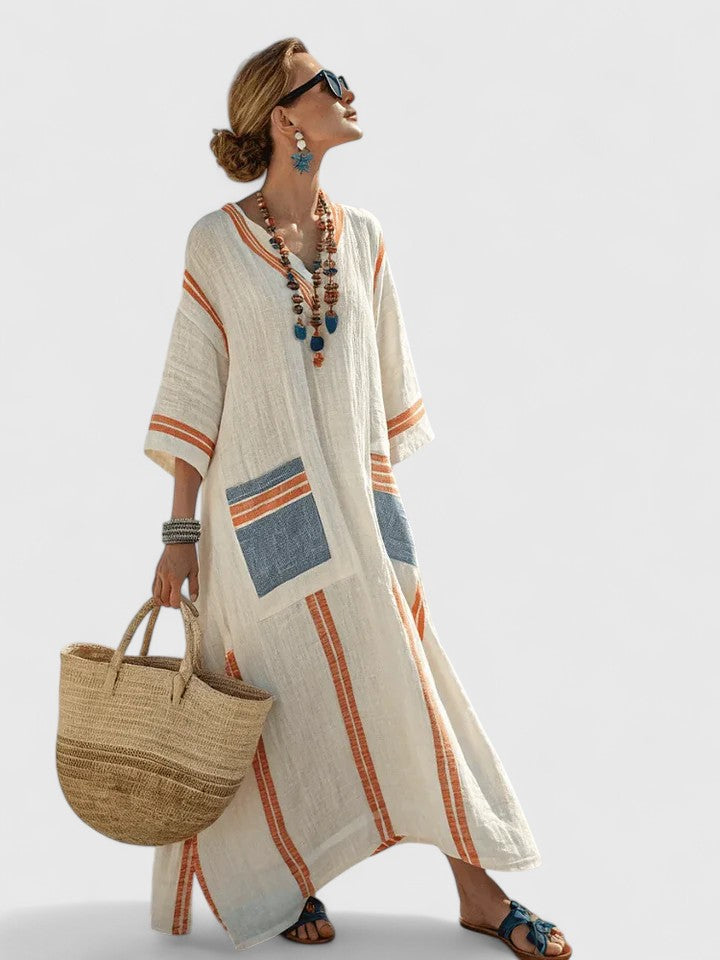 Jesie-London Abigail women's V-neck loose maxi dress in soft fabric, flowing silhouette, and elegant design.