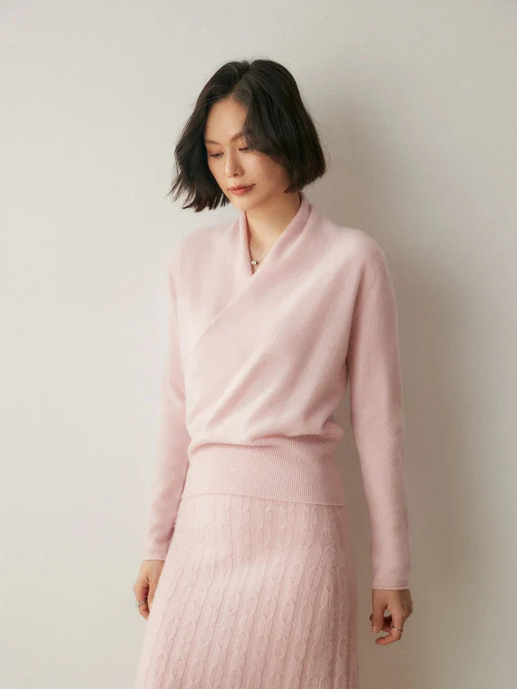 Jesie-London Kate women's elegant wrap crossover chic sweater featuring a stylish, fitted design in soft fabric.