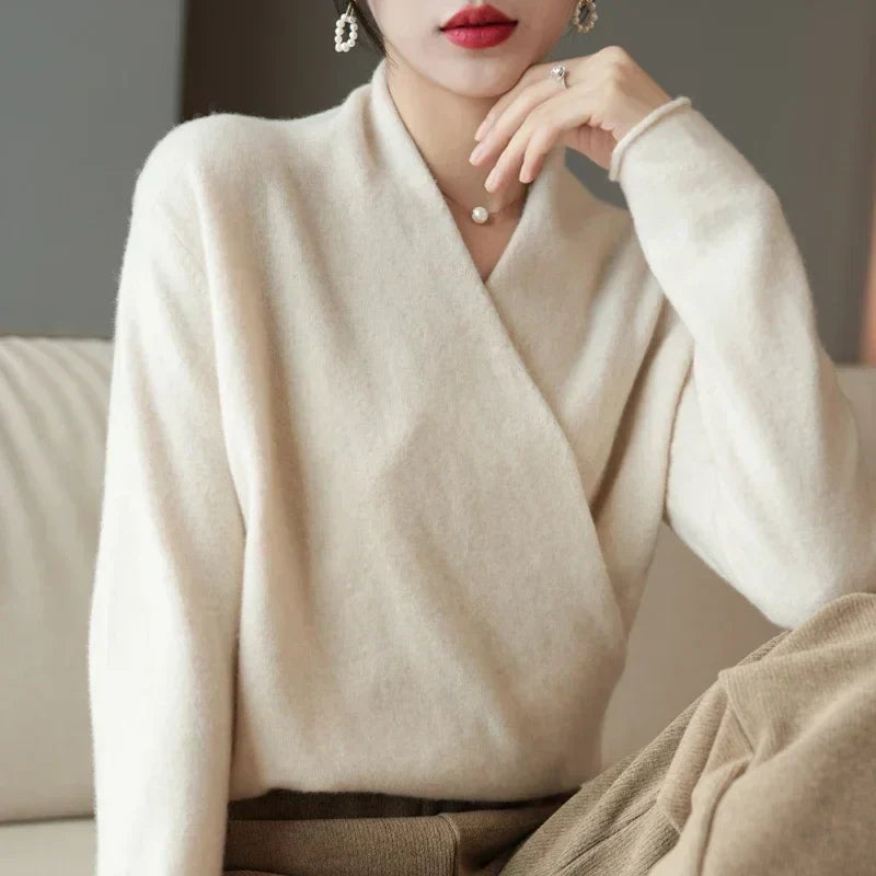 Elizabeth women's winter wrap V-neck knit sweater by Jesie-London, shown in a cozy, stylish design with a soft knit texture.