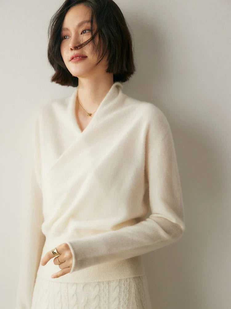 Women's elegant wrap crossover chic sweater by Jesie-London, featuring a stylish design and soft knit fabric.