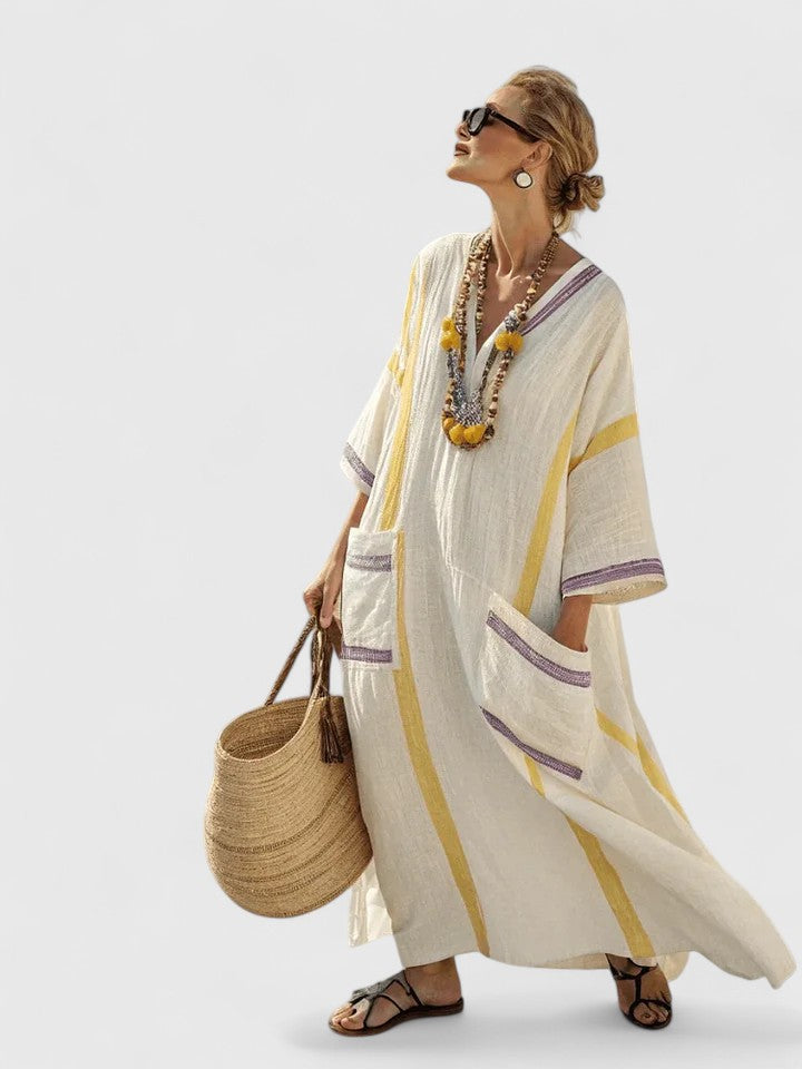 Jesie-London Abigail women's v-neck loose maxi dress, flowing and comfortable, shown in a relaxed fit style.