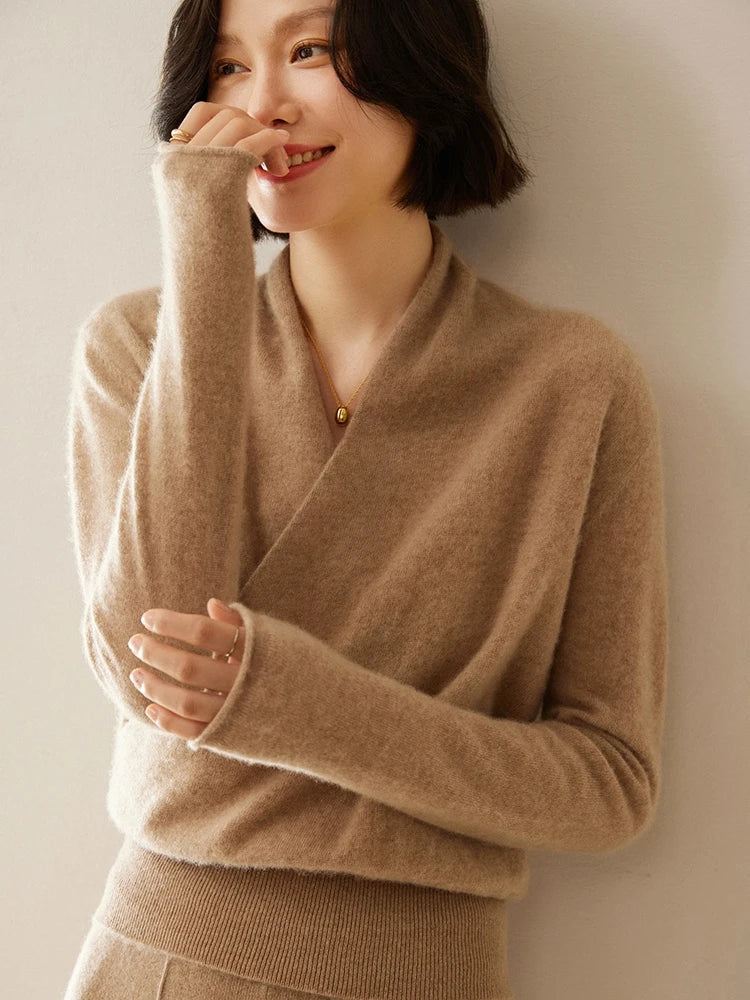 Women’s elegant wrap crossover chic sweater by Jesie-London, featuring a stylish design and soft knit fabric.