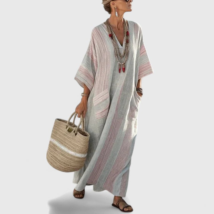 Jesie-London Elizabeth women's loose fit pocket maxi dress, lightweight flowy fabric, with side pockets and relaxed silhouette.
