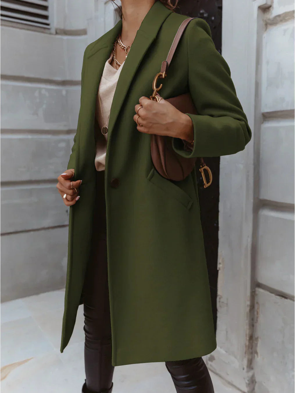 Elegant women's formal button-front coat by Jesie-London, featuring a tailored fit and classic design in neutral fabric.