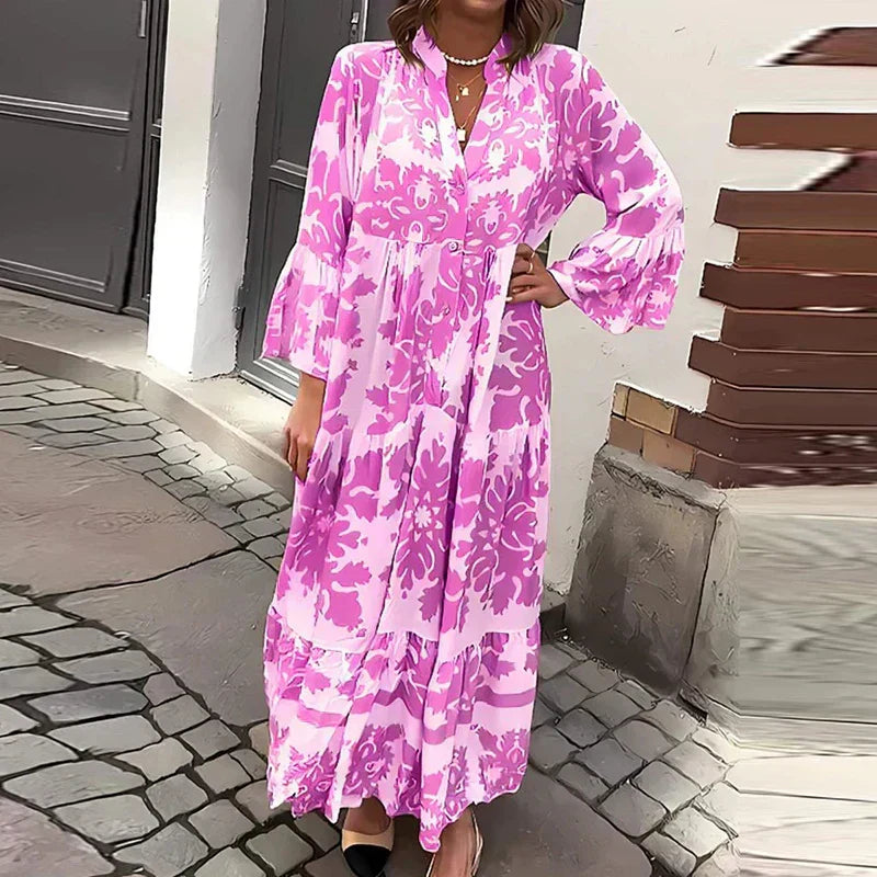 Jesie-London Ava women's boho printed long sleeve midi dress with floral pattern, flowing fabric, and relaxed fit.