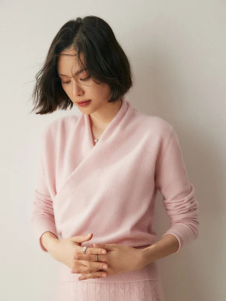 Women’s elegant wrap crossover sweater by Jesie-London featuring a chic, stylish design with a flattering fit.