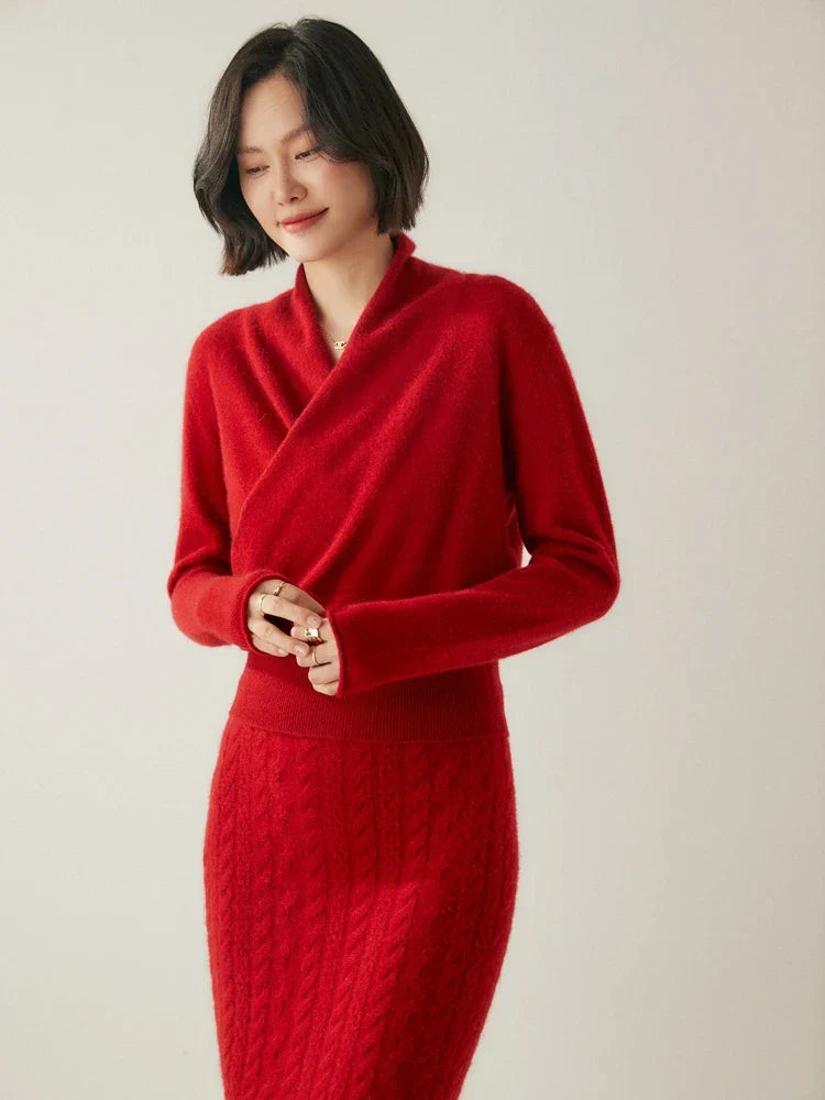 Jesie-London Kate women's elegant wrap crossover chic sweater in soft knit, featuring a stylish crossover design and long sleeves.