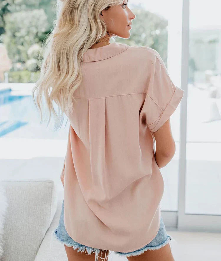 Jesie-London Ava women's short sleeve button-up collared blouse with front pockets, stylish and breathable for casual wear.