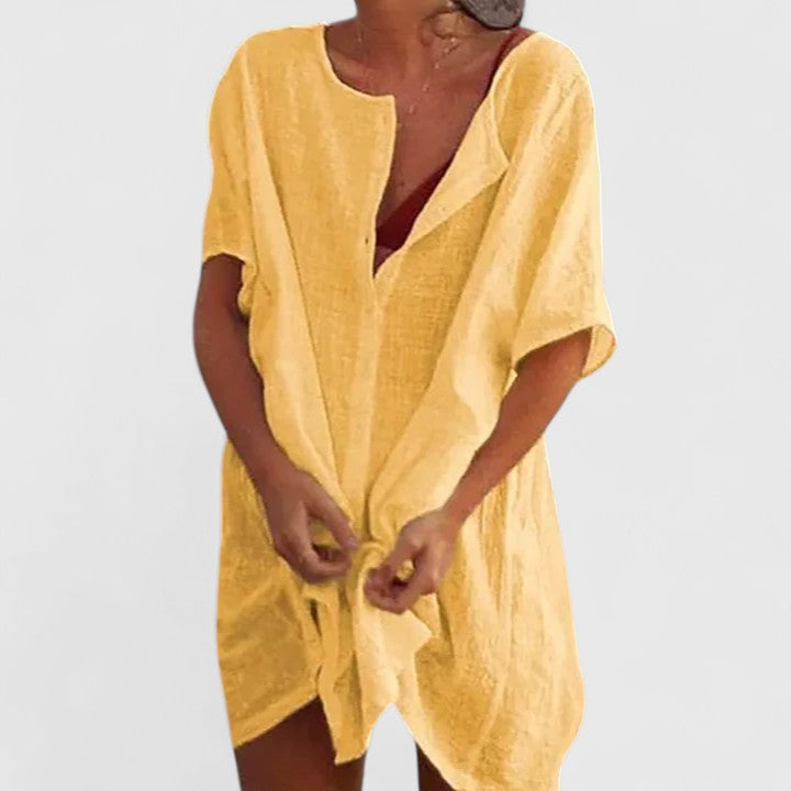 Women's Lydia loose button beach cover-up shorts by Jesie-London, lightweight fabric, relaxed fit, perfect for beachwear.
