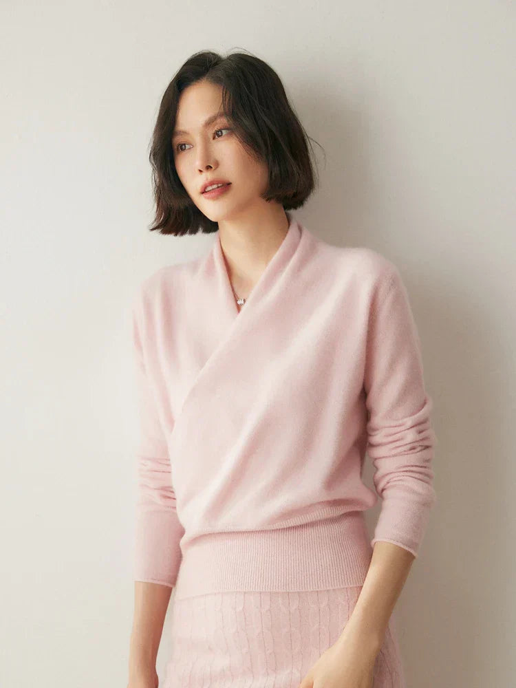Women’s elegant wrap crossover sweater by Jesie-London featuring a chic, stylish design and soft knit fabric.