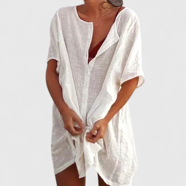 Women's Lydia Jesie-London loose button beach cover-up shorts, featuring lightweight fabric and casual style.