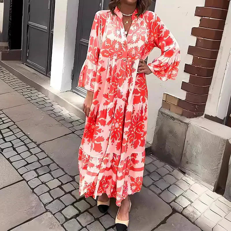 Jesie-London Ava women's boho printed long sleeve midi dress with floral pattern and flowing silhouette.