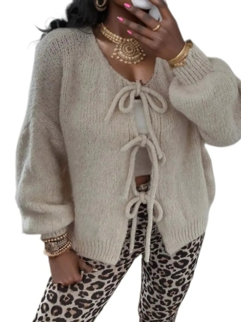 Jesie-London Ella women's soft knit cardigan with bow ties, featuring a cozy, stylish design and front button closure.