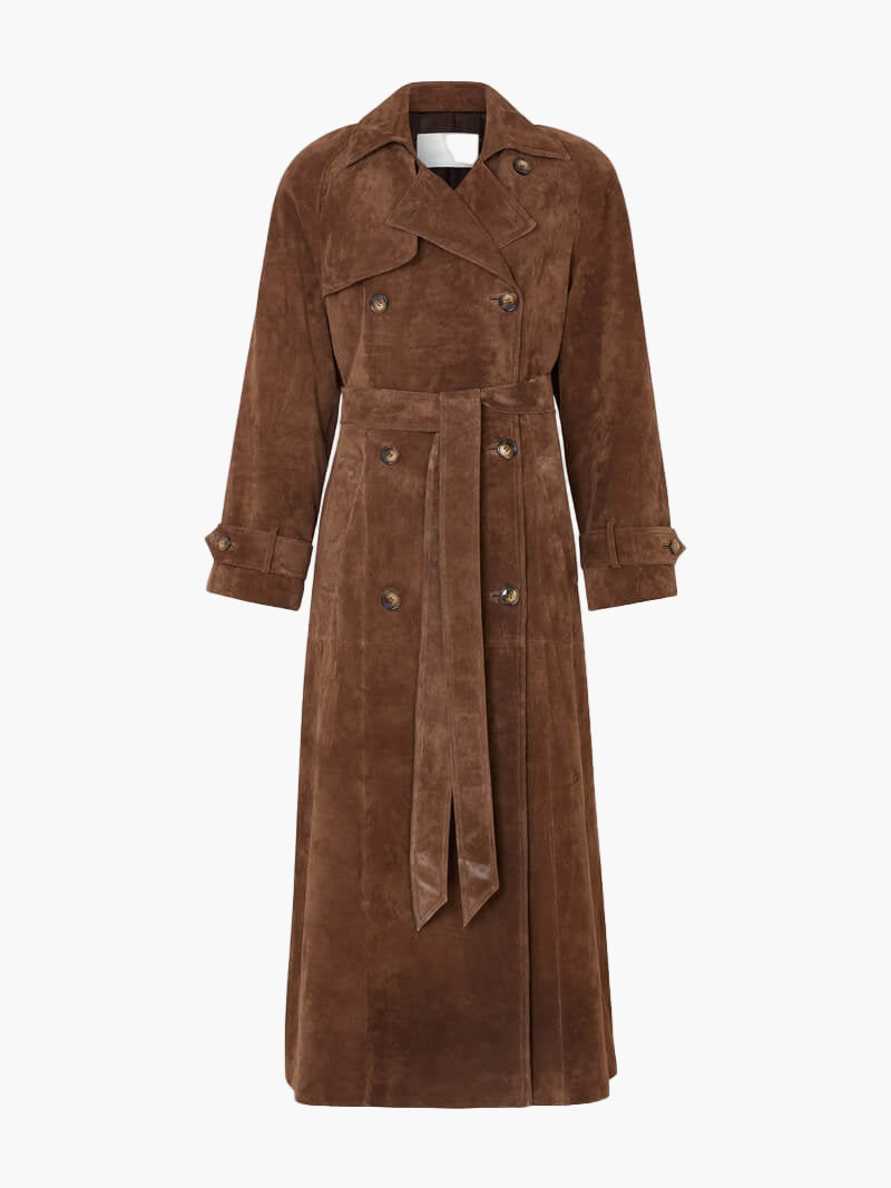 Women’s Jesie-London Mabel trench coat with belted waist, lapel collar, and tailored fit, shown on a model.