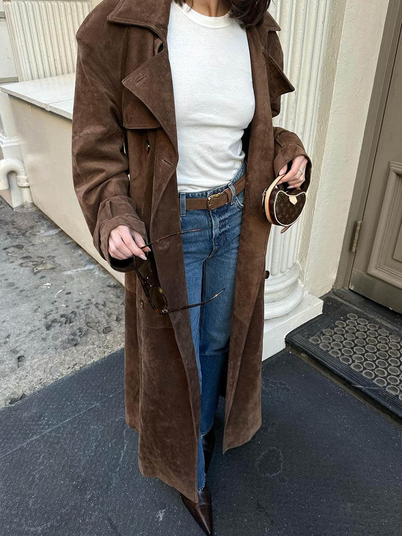 Women’s Jesie-London Mabel trench coat with belted waist and lapel collar, shown in a stylish, elegant design.