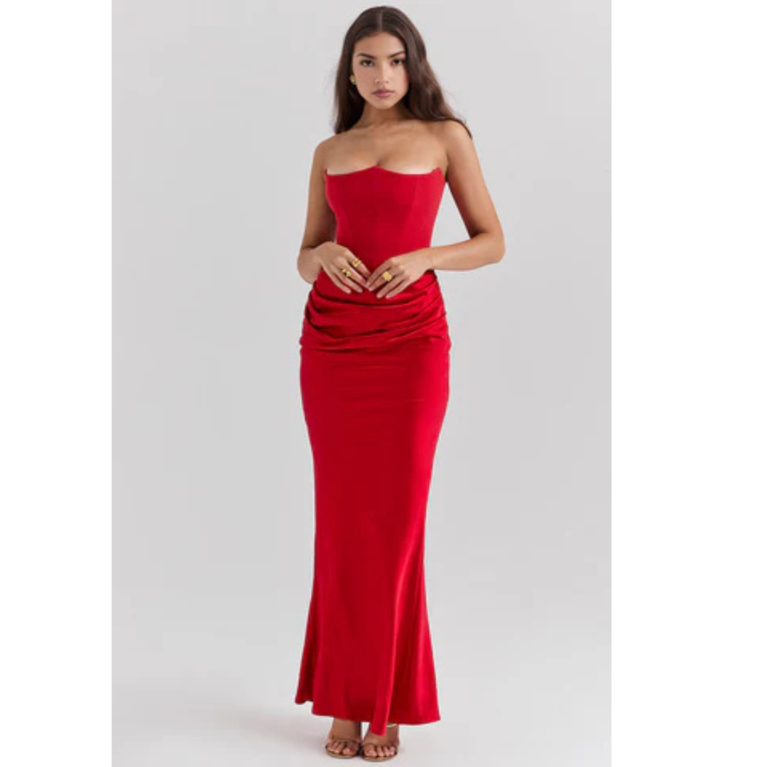 Jesie-London Camille women's strapless corset bodycon maxi dress, black with fitted bodice and flowing skirt, elegant evening wear.