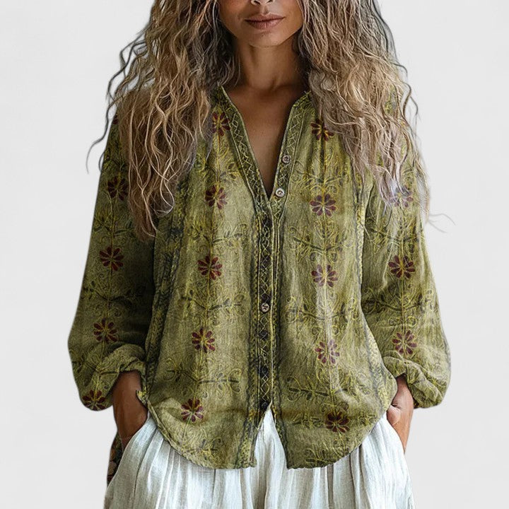 Jesie-London Bella women's printed casual top with button front in vibrant colors, perfect for everyday wear.