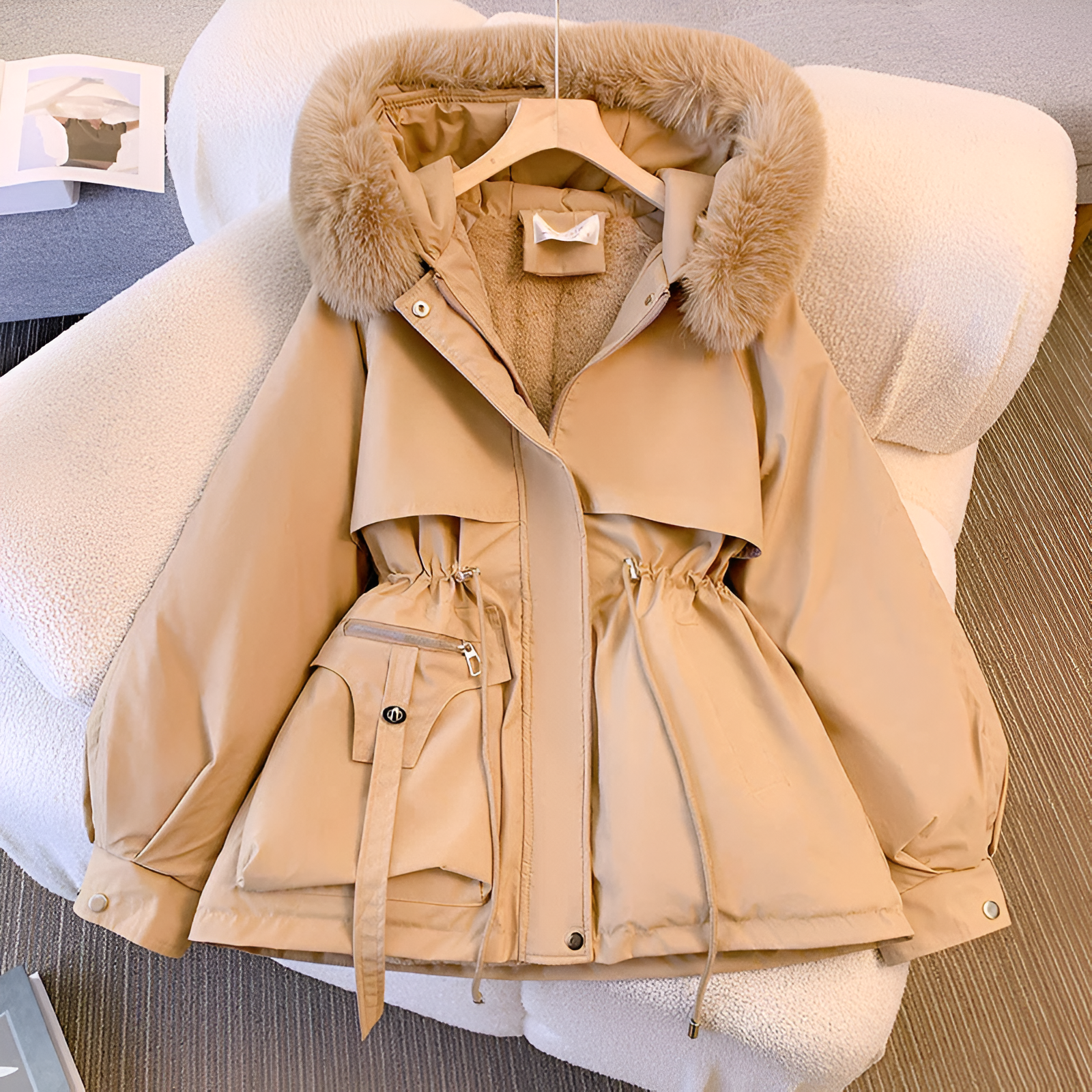 Rachel women's casual winter coat by Jesie-London with drawstring waist, hood, warm cotton material, oversized fit, and faux fur collar