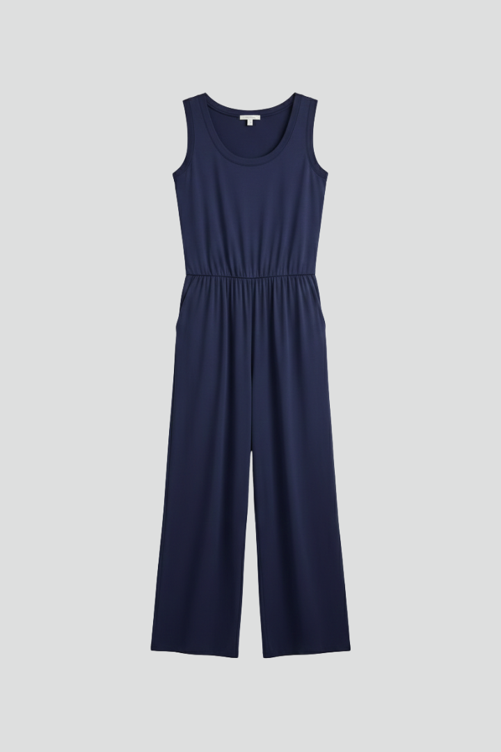 Jesie-London Stella women's wide-leg jumpsuit with round neckline and elastic waist, shown in a stylish, relaxed fit.